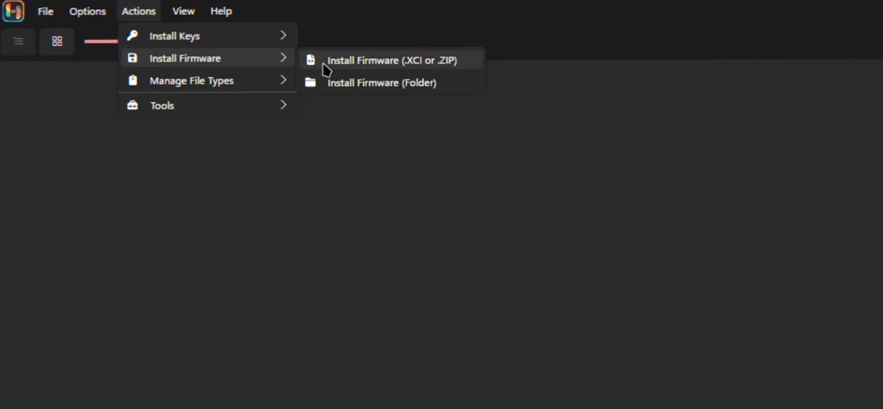 Ryujinx Tools menu with Install firmware options