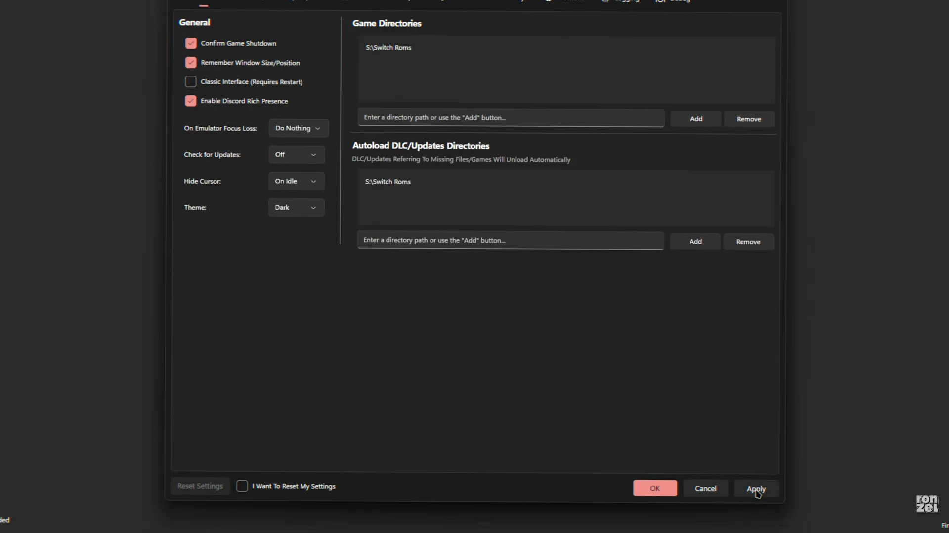 Ryujinx Settings showing Game directories with Add button