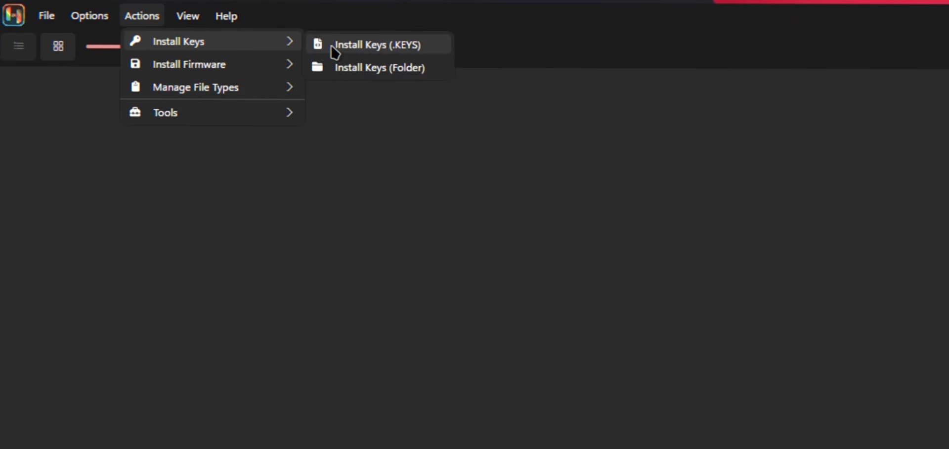 Ryujinx File menu with Open Ryujinx Folder for placing prod.keys
